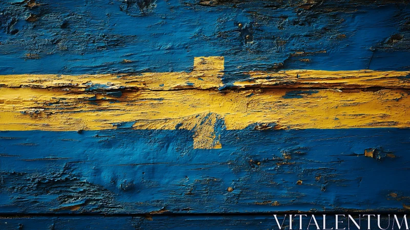Weathered Swedish flag abstraction on textured timber surface.