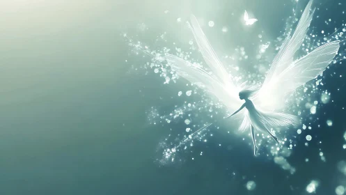 Luminous fairy silhouette drifting through ethereal light.