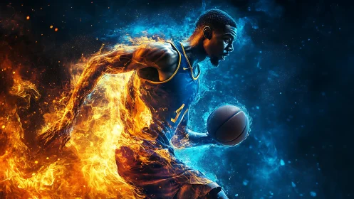 Fiery court sprint where cool blue focus meets hot hustle.