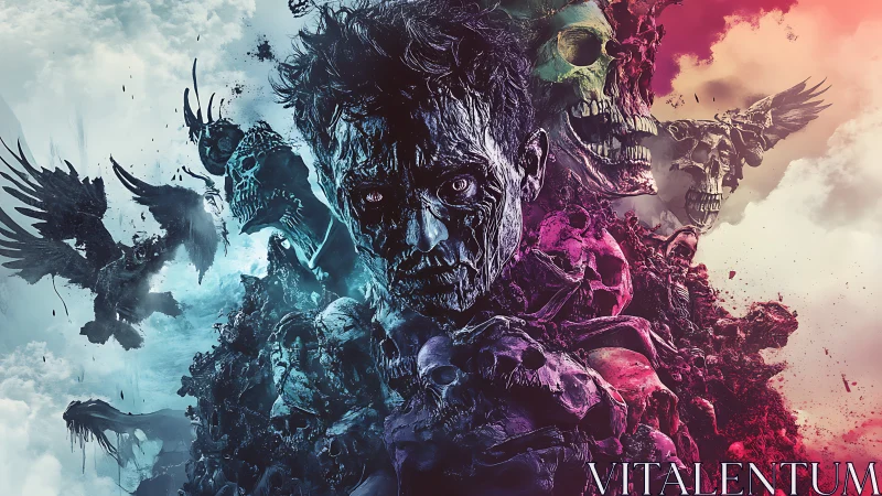 Fragmented male portrait dissolves into skulls and ravens