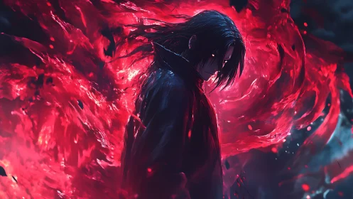 Dark anime sorcerer with swirling luminous red energy field