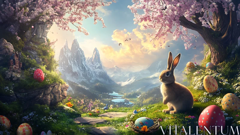 Easter rabbit among painted eggs in bright mountain valley.