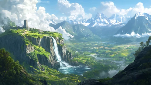 Sunlit cliffside keep above a bright wandering valley.