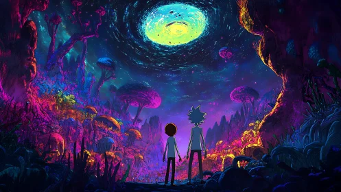 Otherworldly duo beneath luminous cosmic vortex portal.