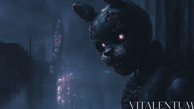 Rusted nightmare bunny stalks neon fogbound city edge.