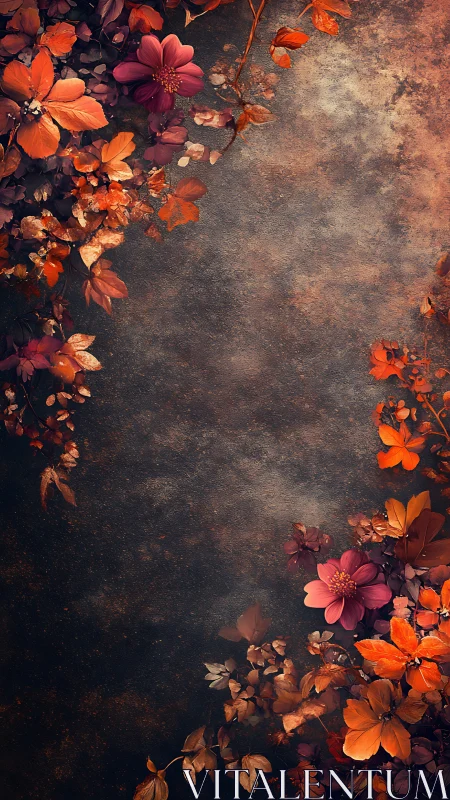 Autumn Florals Arranged on Weathered Stone Surface Backdrop.