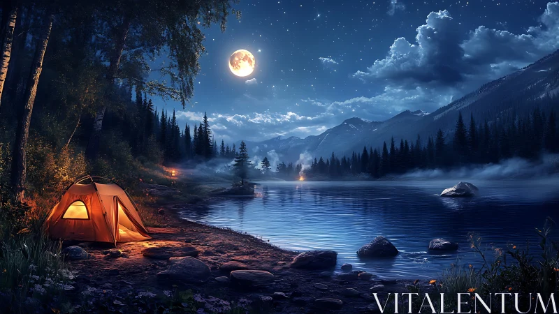 Moonlit alpine lake campsite with illuminated orange tent