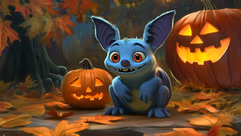 Blue fantasy creature amid carved pumpkins in autumn forest