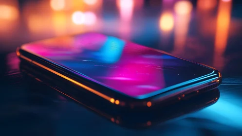 Modern smartphone with colorful neon reflections, futuristic style.