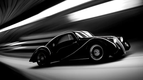 Streamlined vintage coupe racing through motion tunnel.