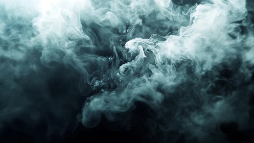 Abstract swirling white smoke on dark background, moody style.