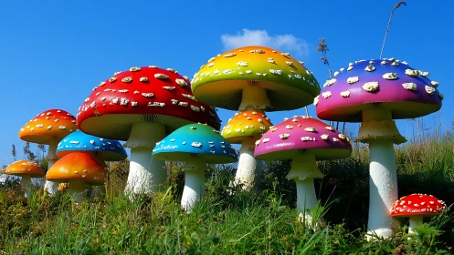 Rainbow toadstool parade under a storybook summer sky.