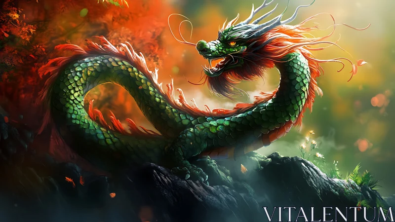 Serpentine dragon coils in luminous forest firelight haze