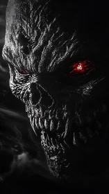 Demonic skull close-up with molten red eyes in darkness.