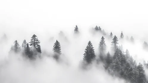 Coniferous forest partially obscured by dense mountain fog.