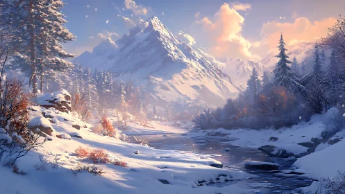 Snowy alpine river glows beneath pastel winter sunrise.