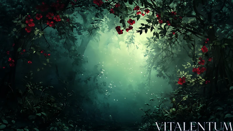 Enchanted Garden Portal: Crimson Roses Frame Mystic Luminescence.