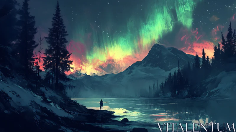 Solitary figure under aurora above glacial lake and peaks.