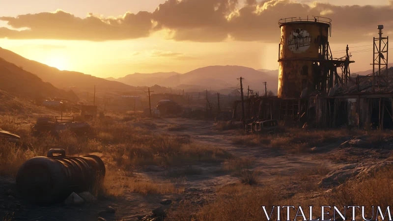 Rusting industrial wasteland under golden sunset light.