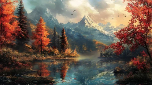 Golden autumn lake beneath tranquil snow capped peaks.