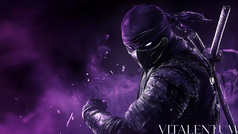Shadow-lit purple ninja poised within swirling night fog.