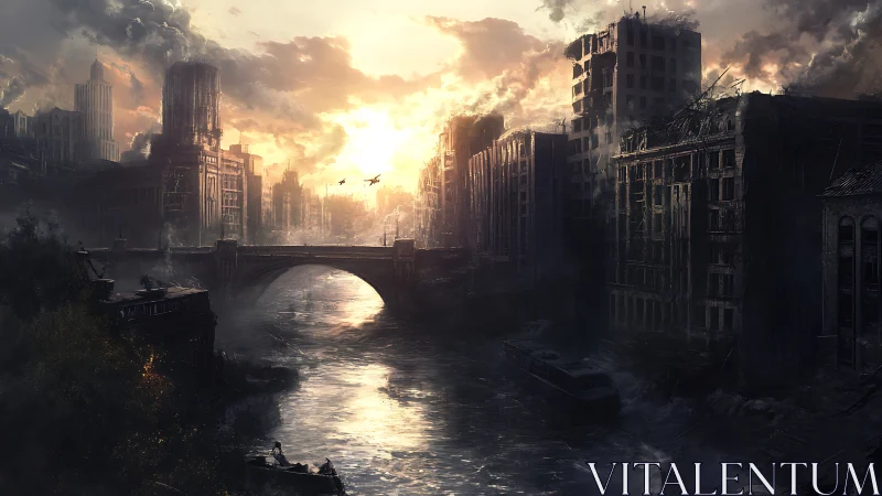 Ruined river city at dawn with bridge and warplanes overhead.