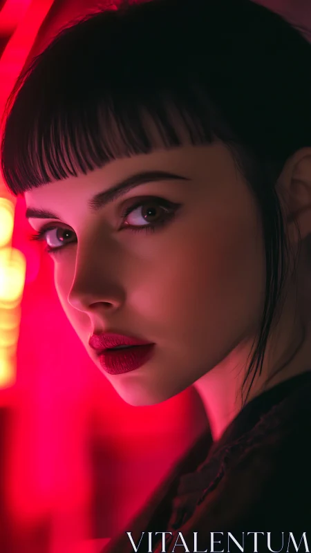 Woman in intense red neon portrait lighting at close range.