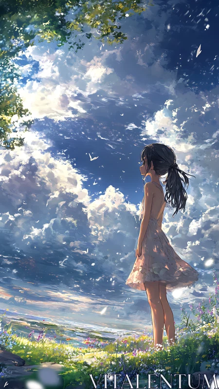 Girl in floral dress standing under expansive cloudy sky.