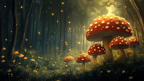 Glowing red mushrooms rise under shafts of golden forest light