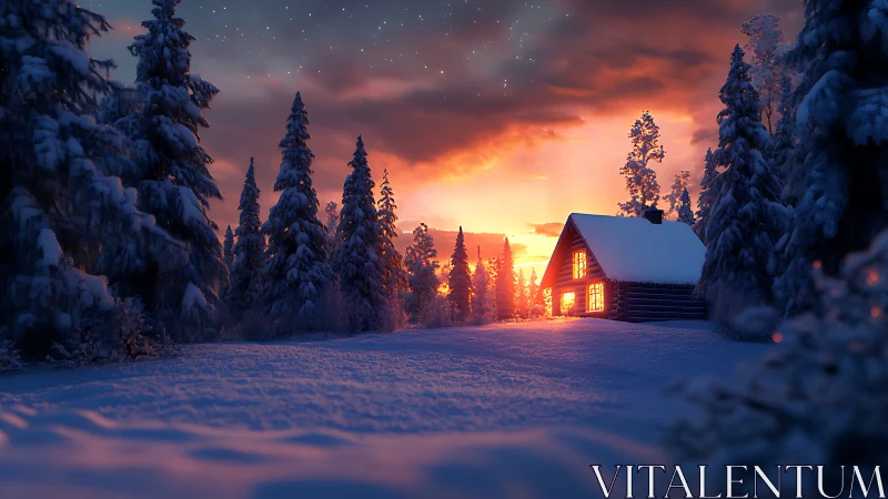 Snowy forest cabin glows warmly under vivid sunset sky