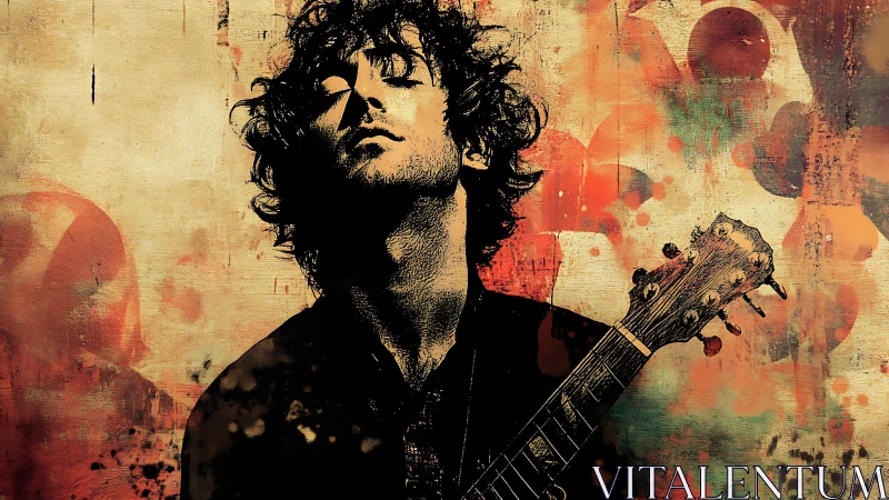 Guitarist silhouette leans back against distressed abstract wall