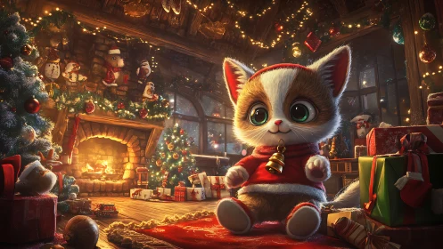 Cartoon kitten in decorated Christmas living room interior.