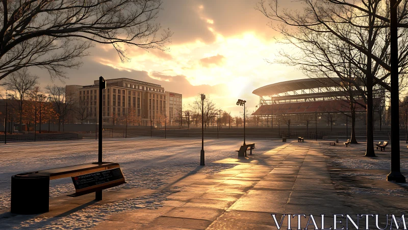 Sunlit winter stadium plaza with golden reflective paving.