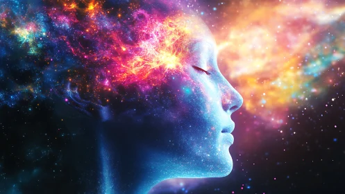Digital painting of cosmic mindscape with luminous nebula face.
