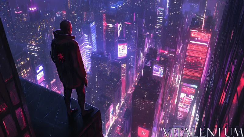 Neon-soaked vigilante overlooking futuristic megacity canyon.