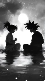 Quiet moonlit conversation between two anime friends.
