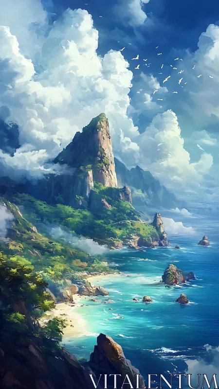 Majestic Coastal Tower Rises Through Clouds and Ocean