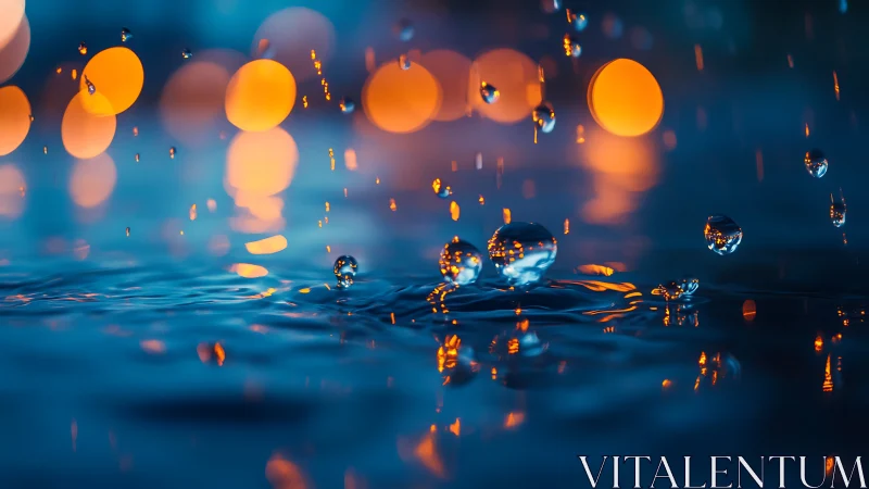 Glowing raindrops dance on water against dreamy city lights
