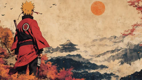 Red cloaked warrior surveys misty temple at sunset