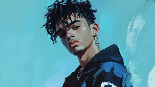 Digital portrait of moody young man against cyan backdrop