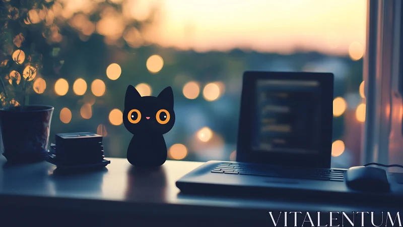 Cozy coding desk with glowing cat lamp at soft sunset.