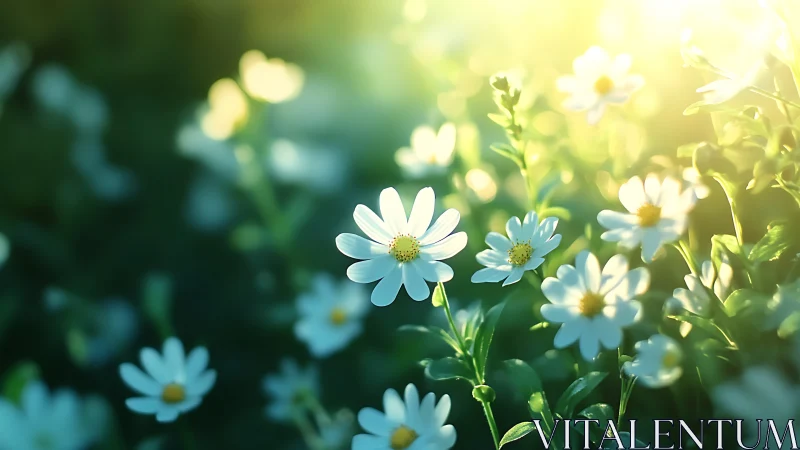 Backlit daisies rendered in shallow-focus photorealistic bloom