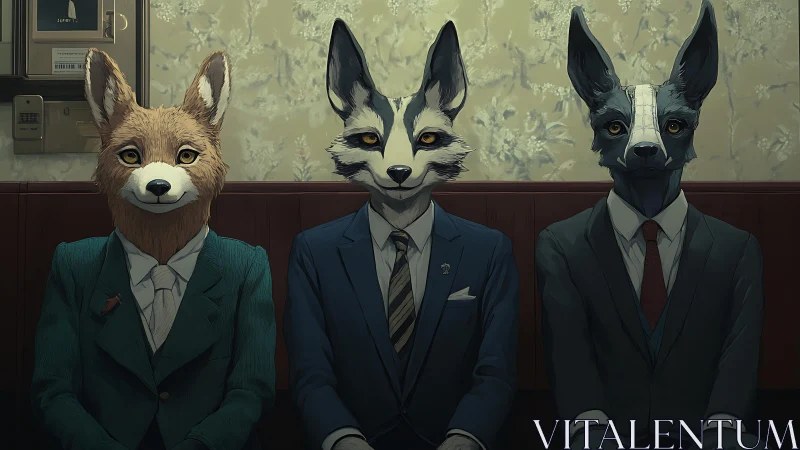 Anthropomorphic fox and canine figures seated in suits.