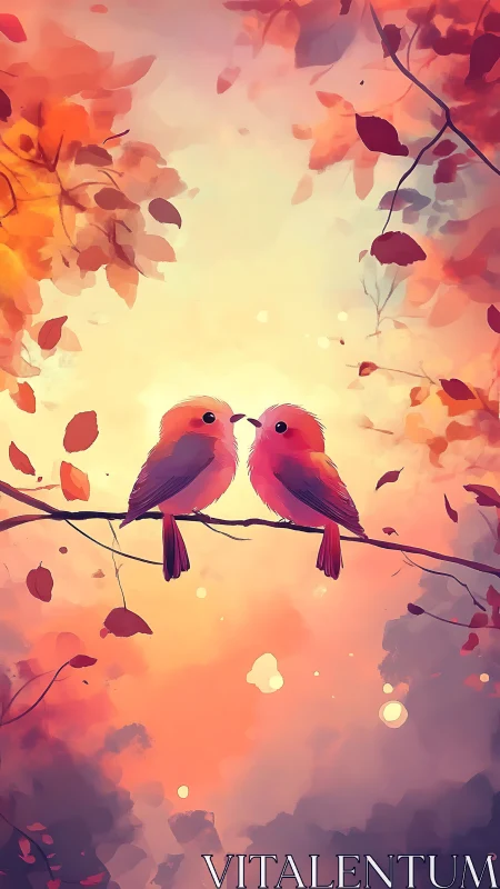 Two Crimson Finches Perched on Branch Against Luminescent Autumn Canopy.