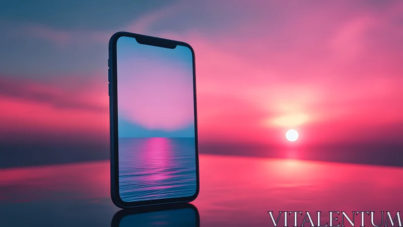 Smartphone reflects neon ocean sunset on glossy surface