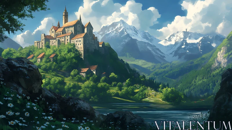 Medieval hilltop castle overlooks bright alpine valley landscape.