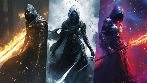 Elemental hooded warriors in dynamic triptych concept art.