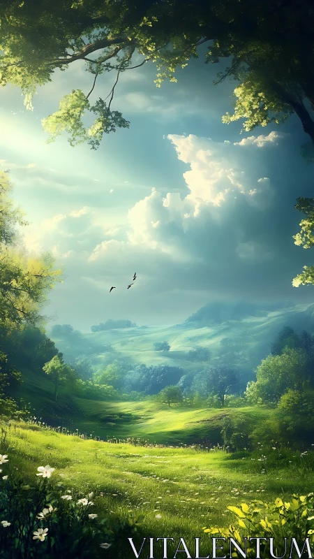 Sunlit valley meadow with distant hills and scattered trees.