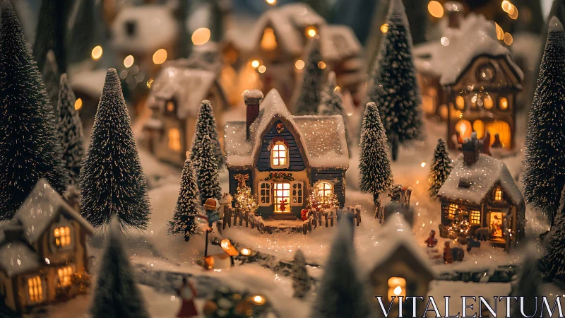 Miniature snow-covered village scene with lit houses at night.