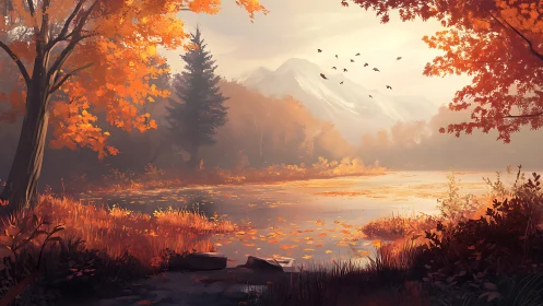 Digital painting of luminous autumn lake with distant peaks.